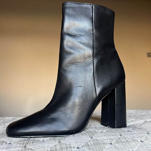 Steve Madden Lourde Black Leather Black Ankle Boot Bootie Square Toe Women 8 M - Picture 2 of 16